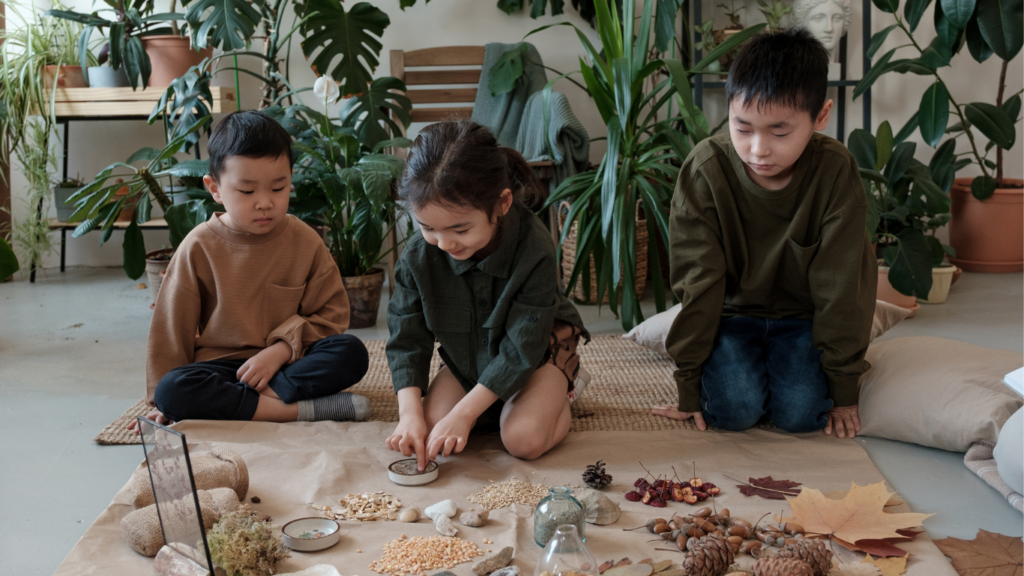 Kids finding suitable rock collecting material