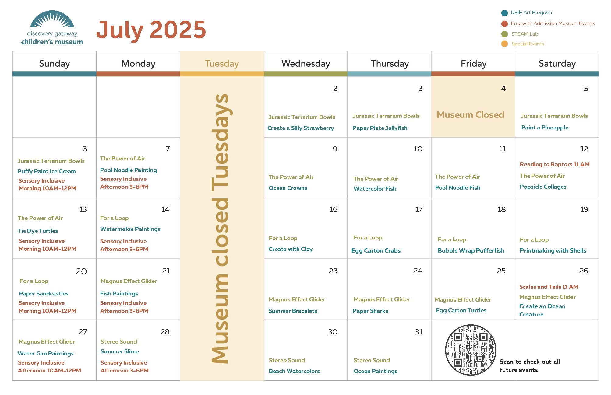 July Programing & Events Calendar at Discovery Gateway Children's Museum.