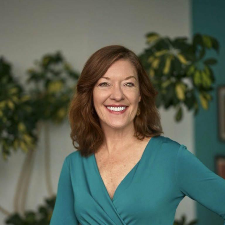 ceo, kathleen bodenlos, in a blue shirt in front of plants